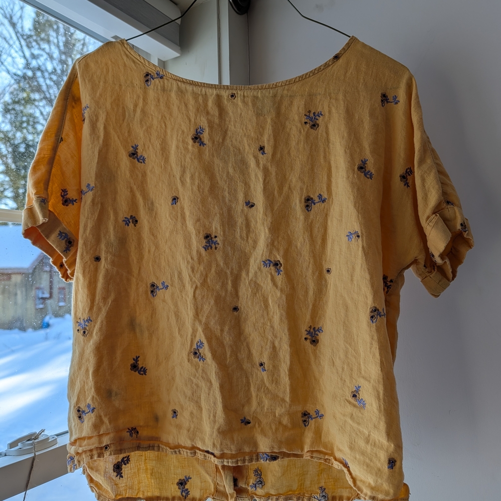 Cynthia Rowley Linen Yellow Floral Short Sleeve Top